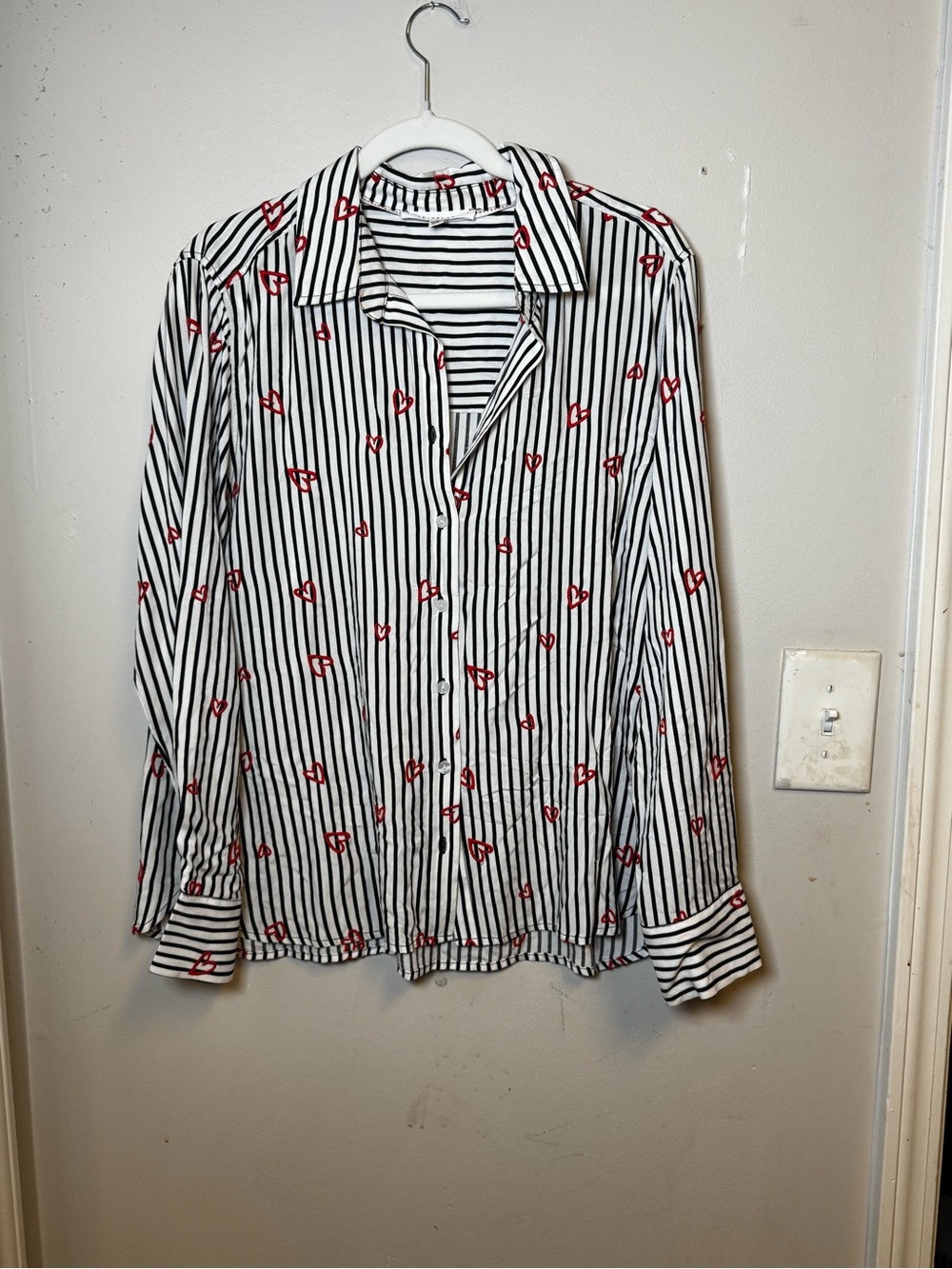 Jane + Delancey Black & White Striped Button-Up Shirt with Red Heart Accents